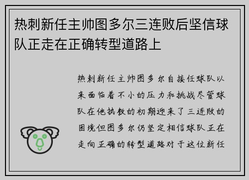 热刺新任主帅图多尔三连败后坚信球队正走在正确转型道路上