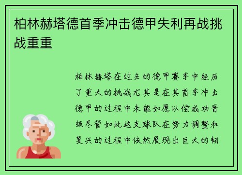 柏林赫塔德首季冲击德甲失利再战挑战重重